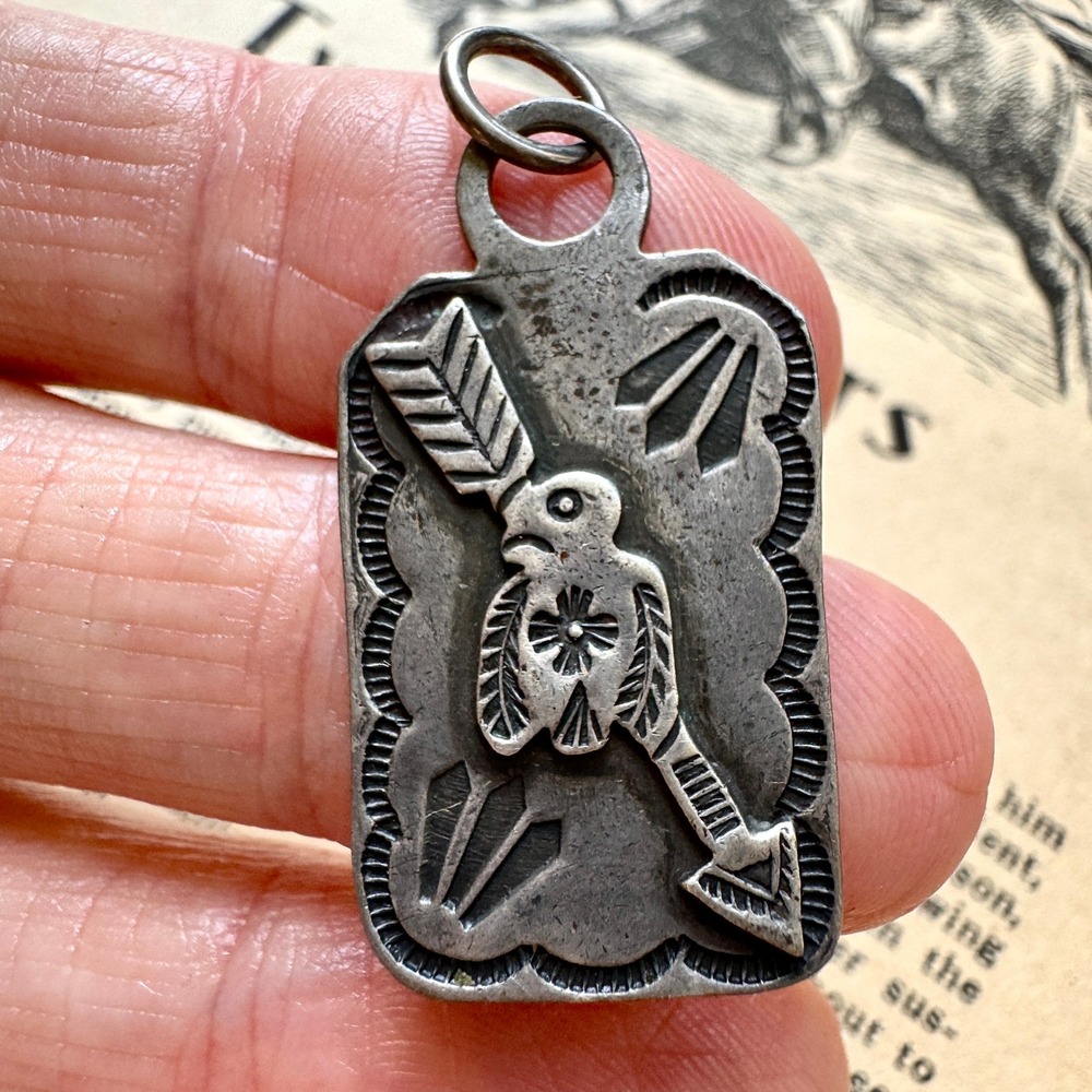 VTG Navajo Thunderbird Tag Pendant Fred Harvey Era Sterling Old Fob Pawn